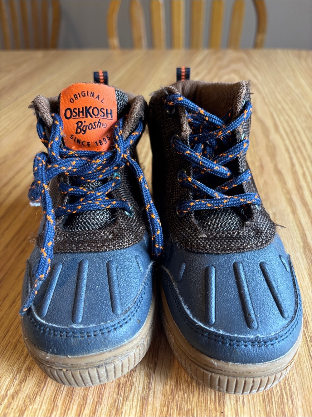 OshKosh B'gosh Navy Blue and Brown Kids Duck Boots with Orange Accents